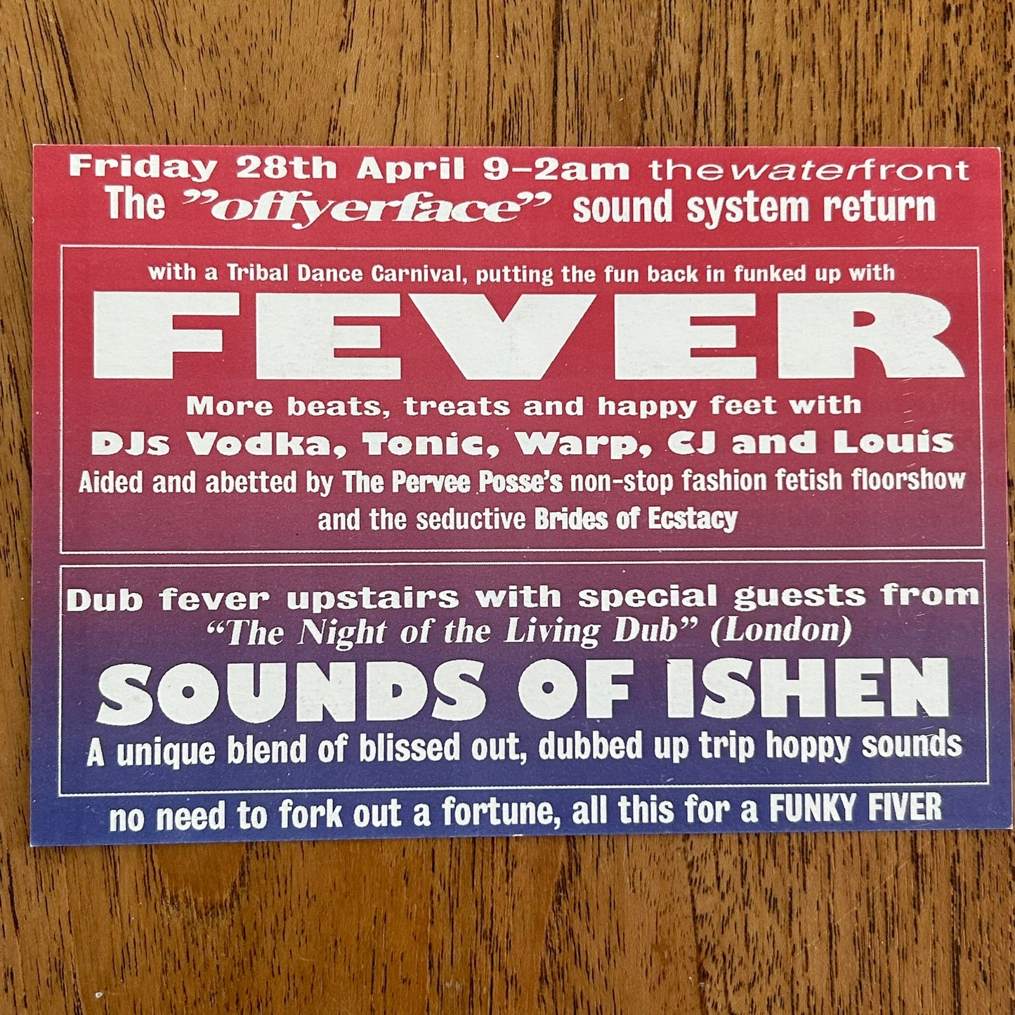 90s Y2K RAVE MEMORABILIA Fever at the Waterfront April 1995 'offyerface' Dub Fever Sounds of Ishen