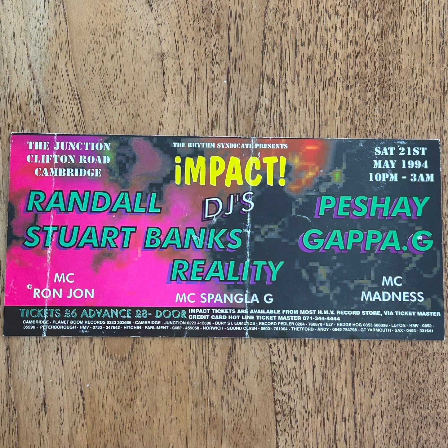 90s RAVE MEMORABILIA 1994 Impact at The Junction Cambridge. Randall Peshay Stuart Banks