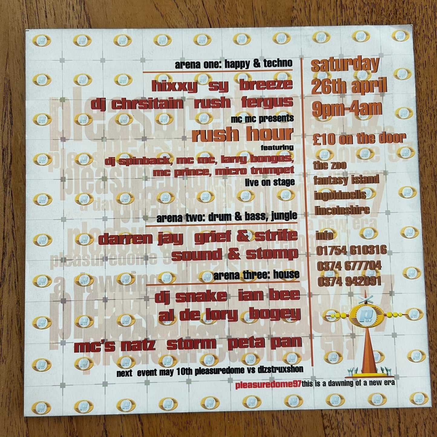90s Y2K RAVE Memorabilia Flyer PLEASUREDOME The Zoo Fantasy Island Ingoldmells 1997