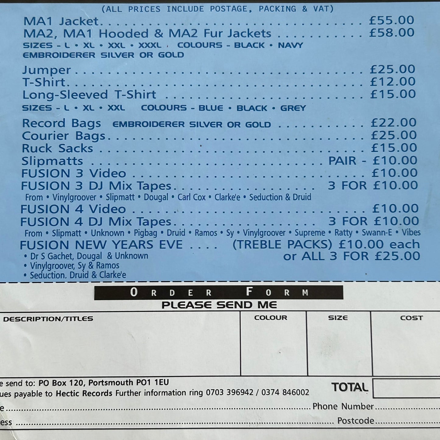 90s Y2K RAVE / Dance Memorabilia. FUSION merch ad / flyer. Early 1990s (pre 1995). DJs wearing merch