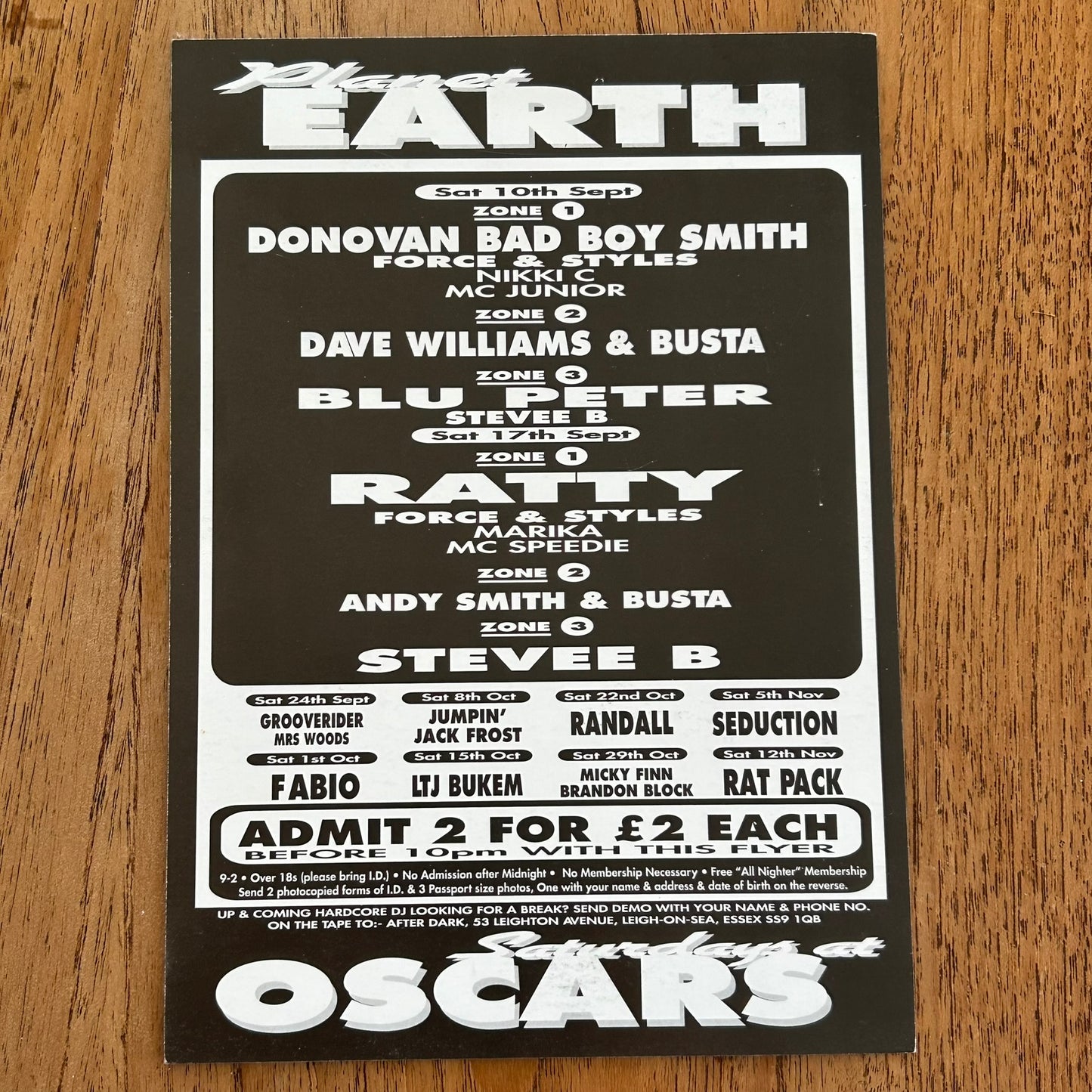 90s RAVE / Dance Memorabilia Flyer. Planet Earth at Oscars Leigh on Sea. Donovan Bad Boy Smith