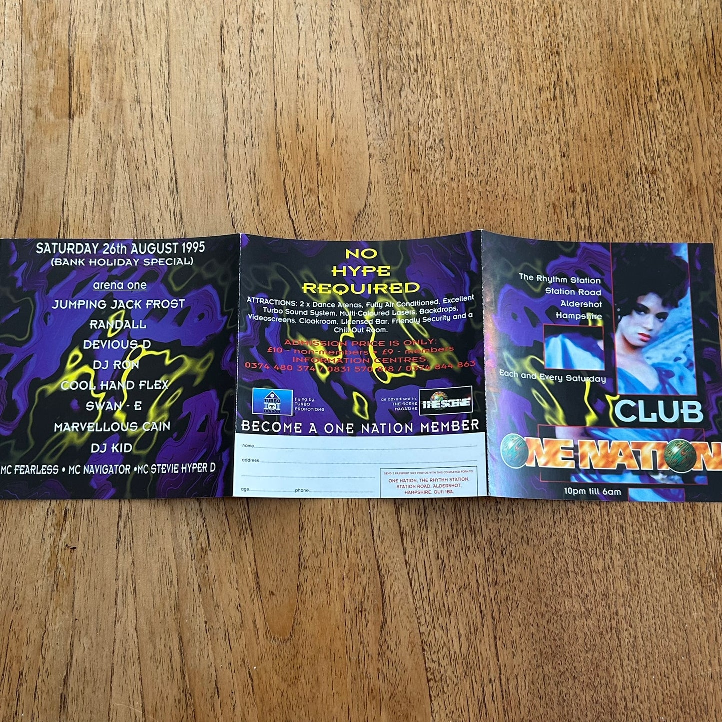 90s RAVE / Dance Memorabilia. Club One Nation flyer. Rhythm Station, Aldershot. August 1995
