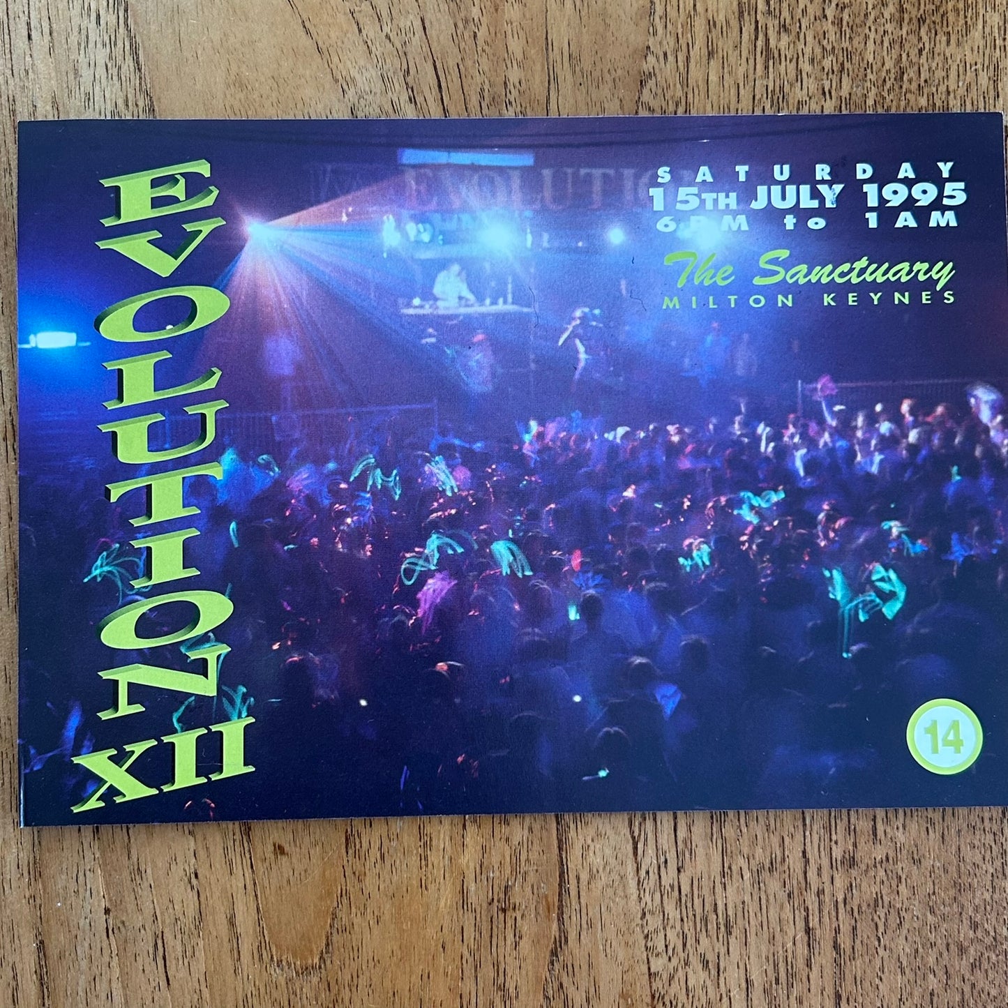 90s RAVE / Dance Memorabilia Flyer. Evolution XII at The Sanctuary, Milton Keynes. July 1995 Over 14s night