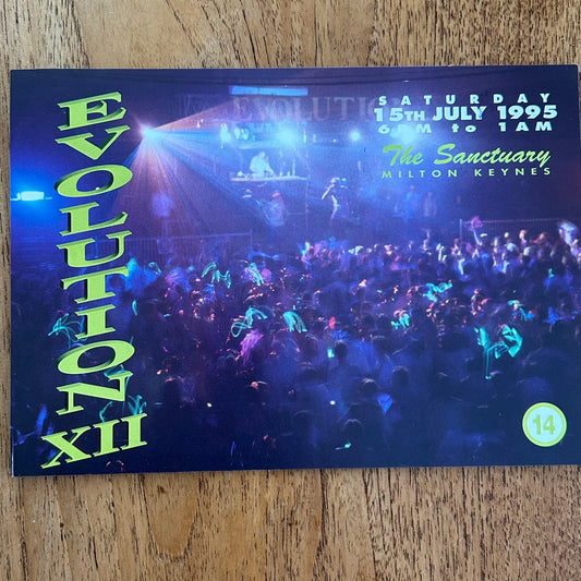 90s RAVE / Dance Memorabilia Flyer. Evolution XII at The Sanctuary, Milton Keynes. July 1995 Over 14s night