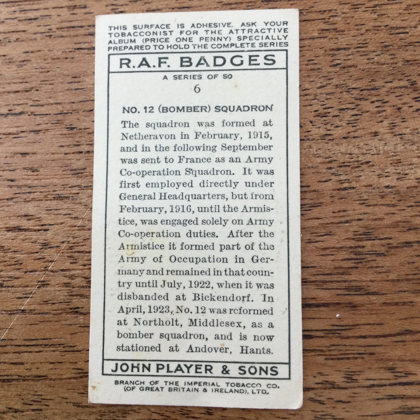 Player's Cigarette Cards 'RAF Badges' 1937. Sold individually - take your pick