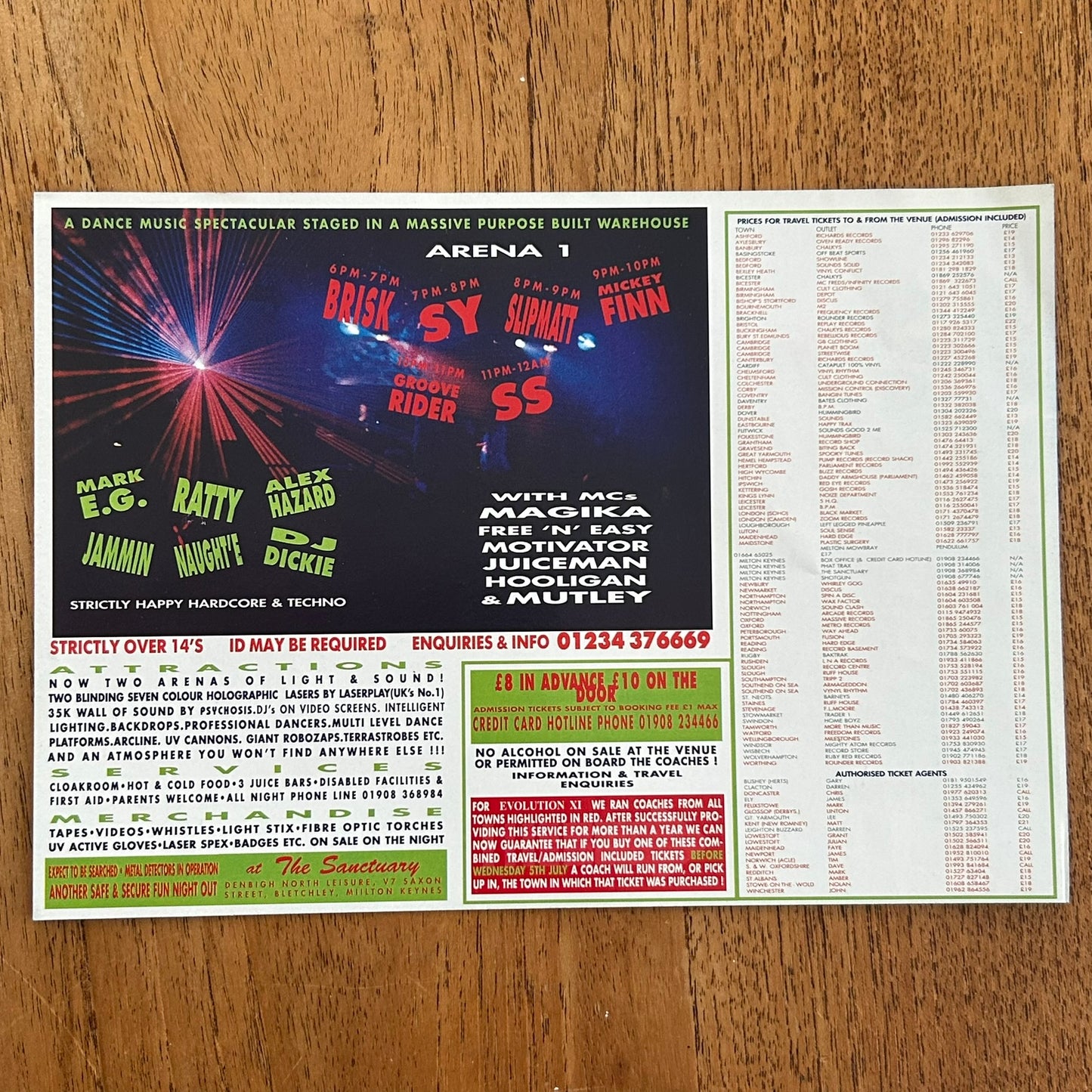 90s RAVE / Dance Memorabilia Flyer. Evolution XII at The Sanctuary, Milton Keynes. July 1995 Over 14s night