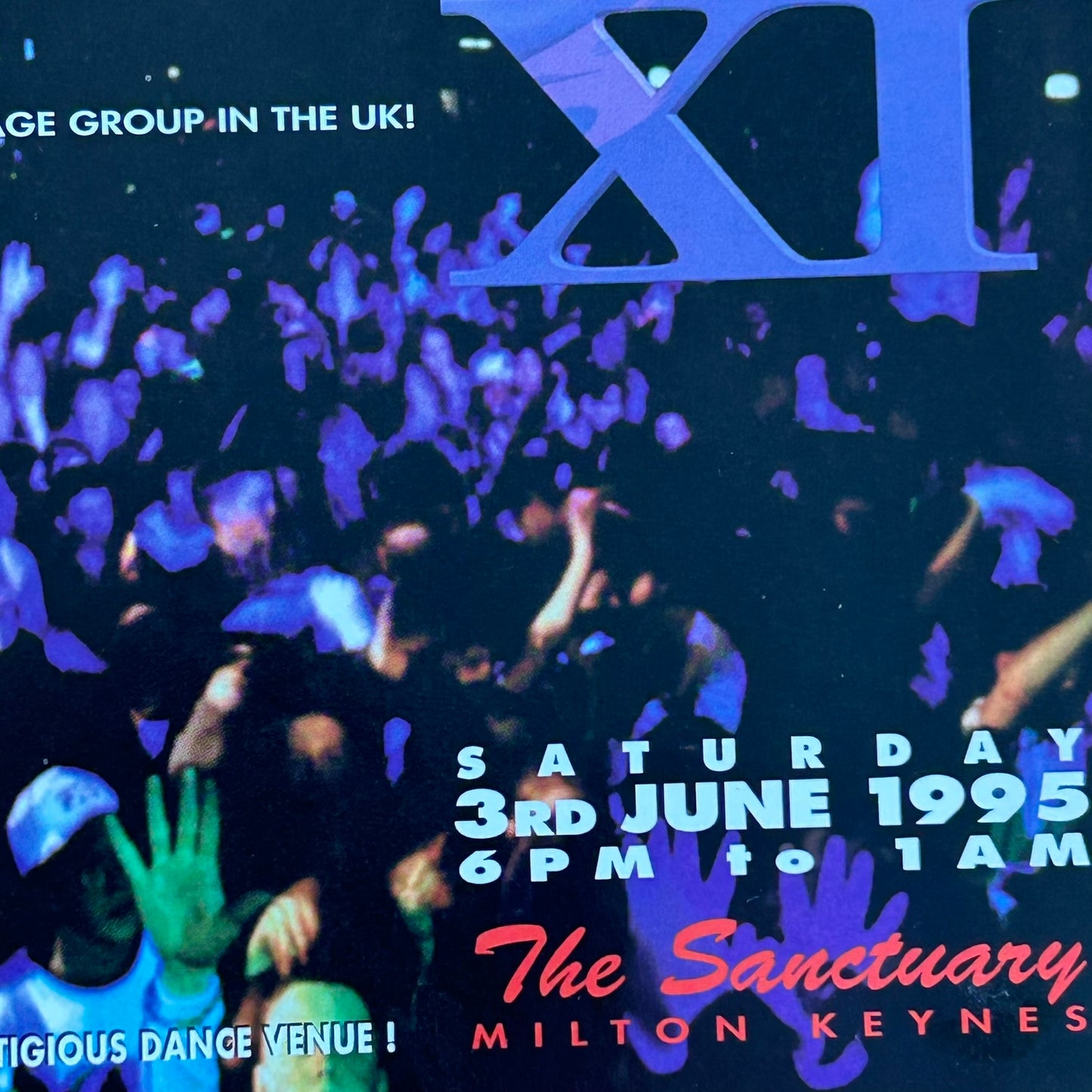 90s RAVE / Dance Memorabilia Flyer. Evolution XI at The Sanctuary, Milton Keynes. June 1995 Over 14s night