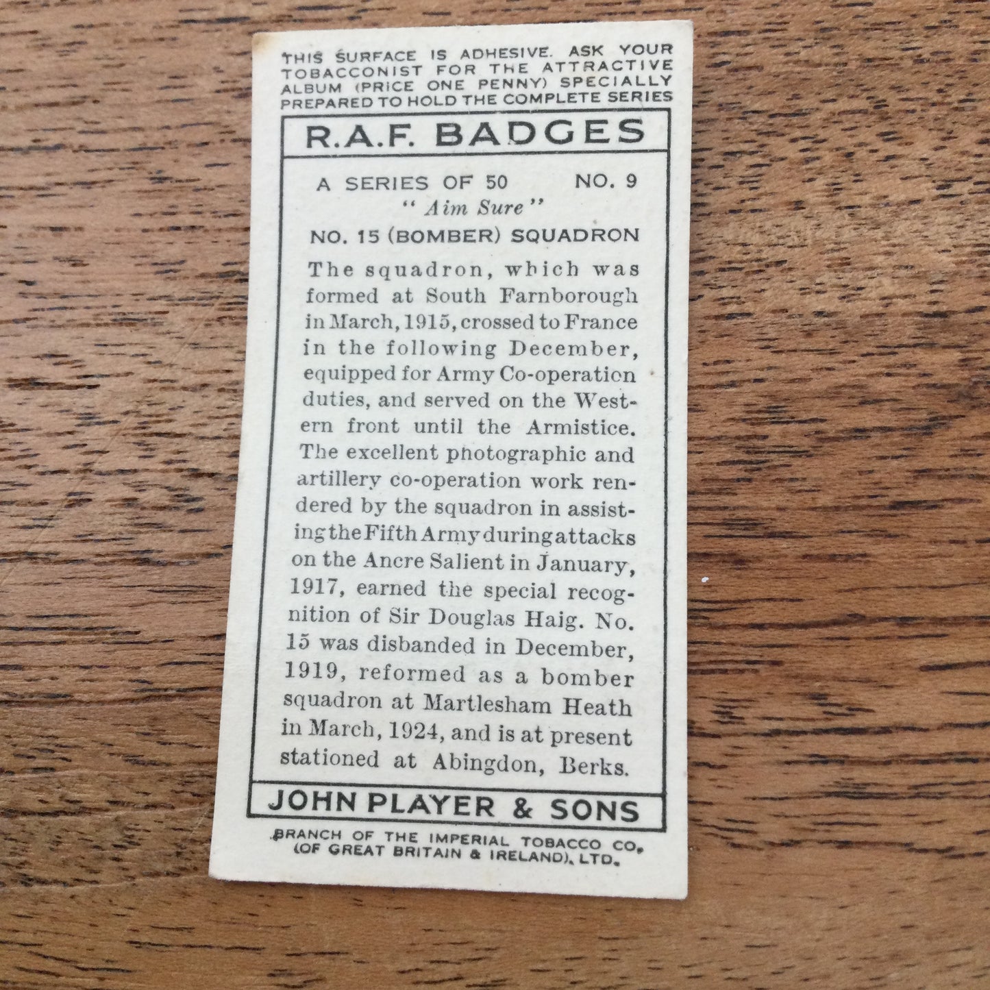 Player's Cigarette Cards 'RAF Badges' 1937. Sold individually - take your pick