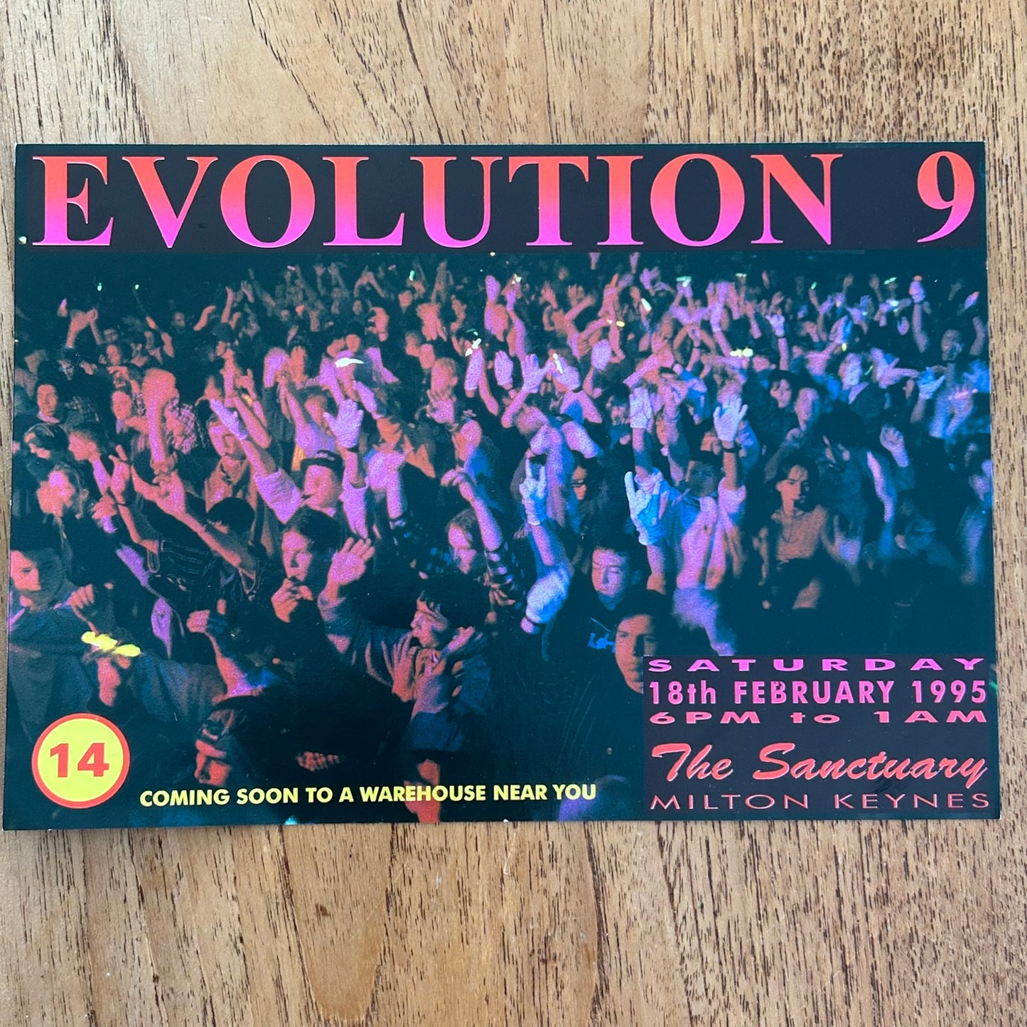 90s RAVE / Dance Memorabilia Flyer. Evolution 9 at The Sanctuary, Milton Keynes. Feb 1995 Over 14s night