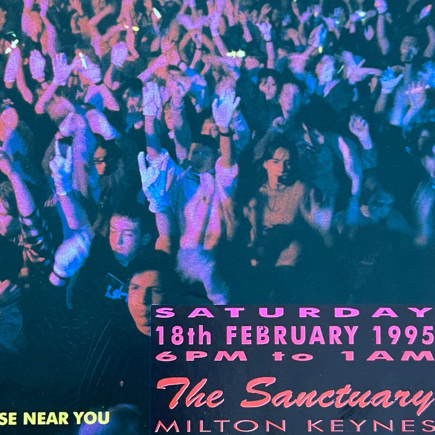 90s RAVE / Dance Memorabilia Flyer. Evolution 9 at The Sanctuary, Milton Keynes. Feb 1995 Over 14s night