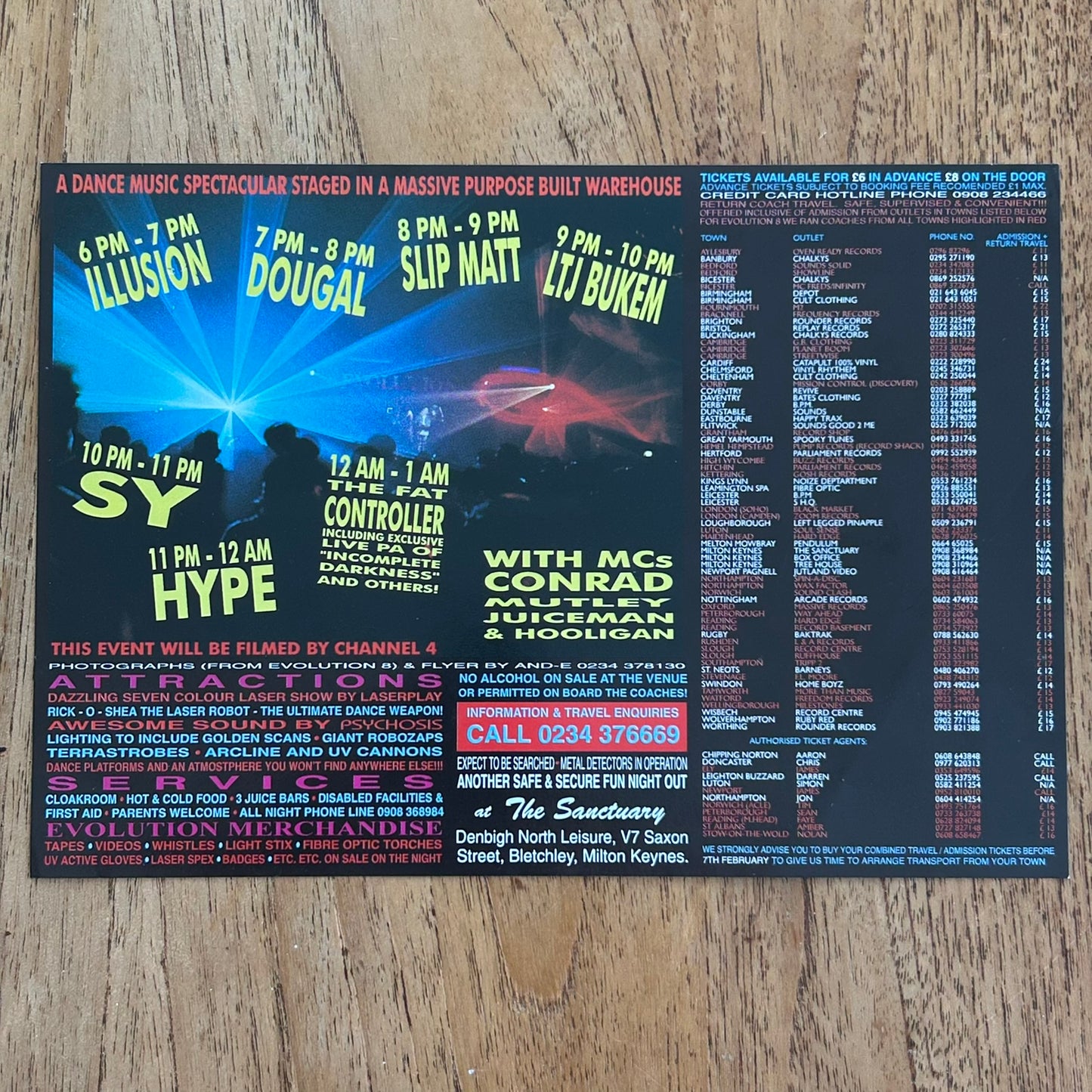 90s RAVE / Dance Memorabilia Flyer. Evolution 9 at The Sanctuary, Milton Keynes. Feb 1995 Over 14s night