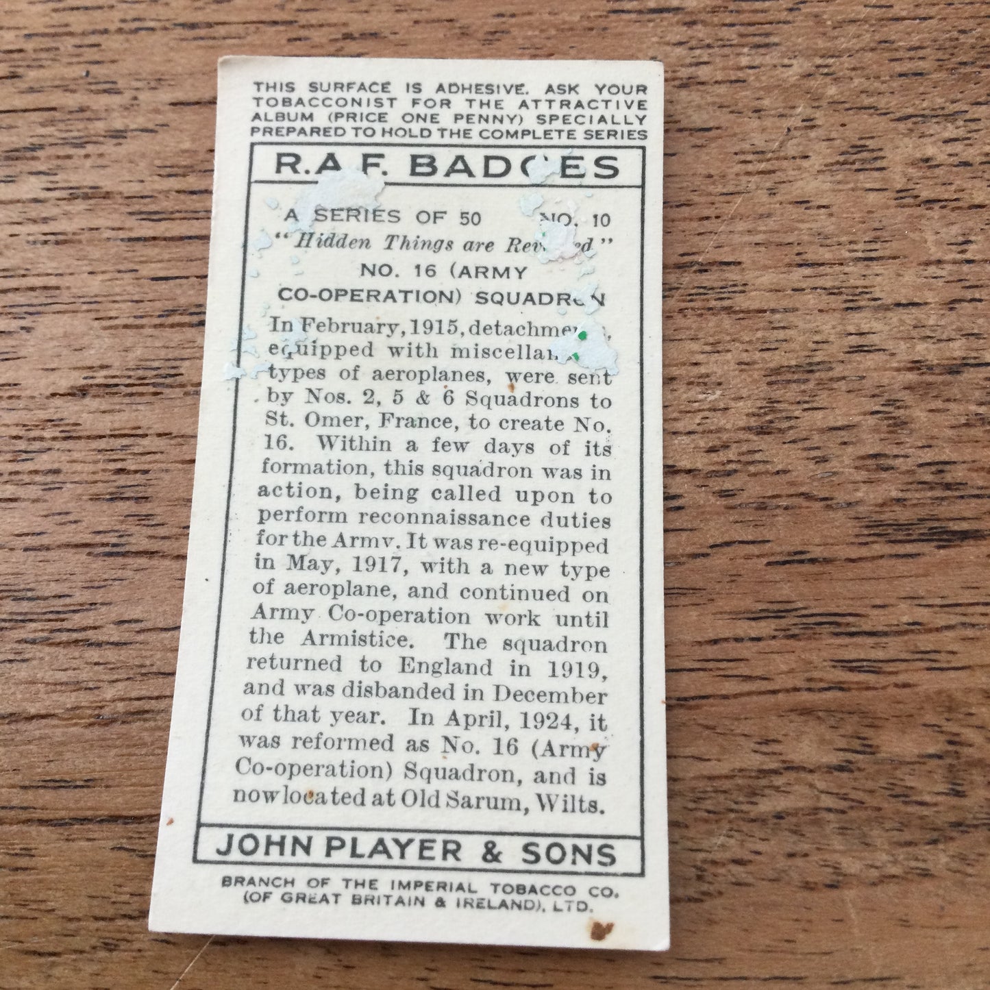 Player's Cigarette Cards 'RAF Badges' 1937. Sold individually - take your pick