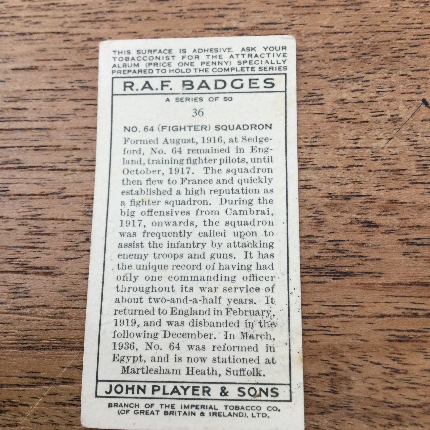 Player's Cigarette Cards 'RAF Badges' 1937. Sold individually - take your pick