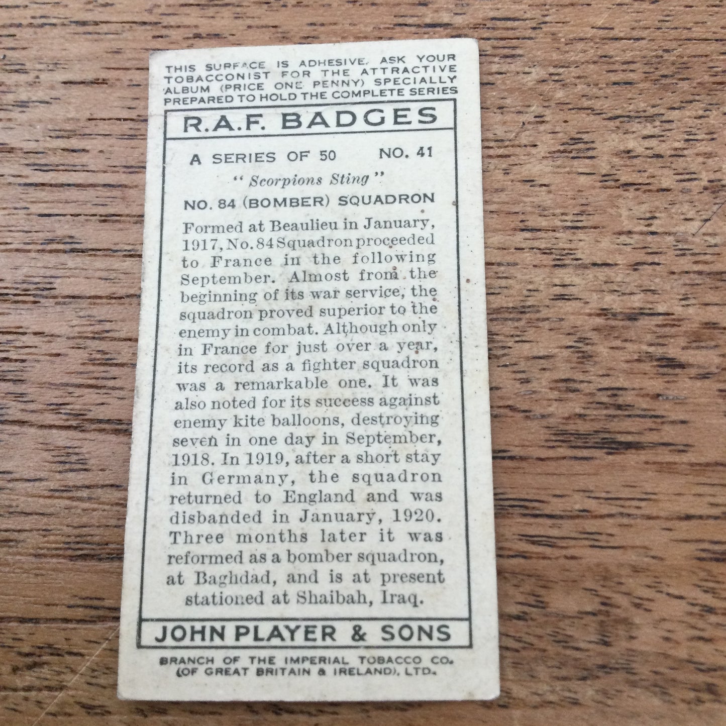 Player's Cigarette Cards 'RAF Badges' 1937. Sold individually - take your pick
