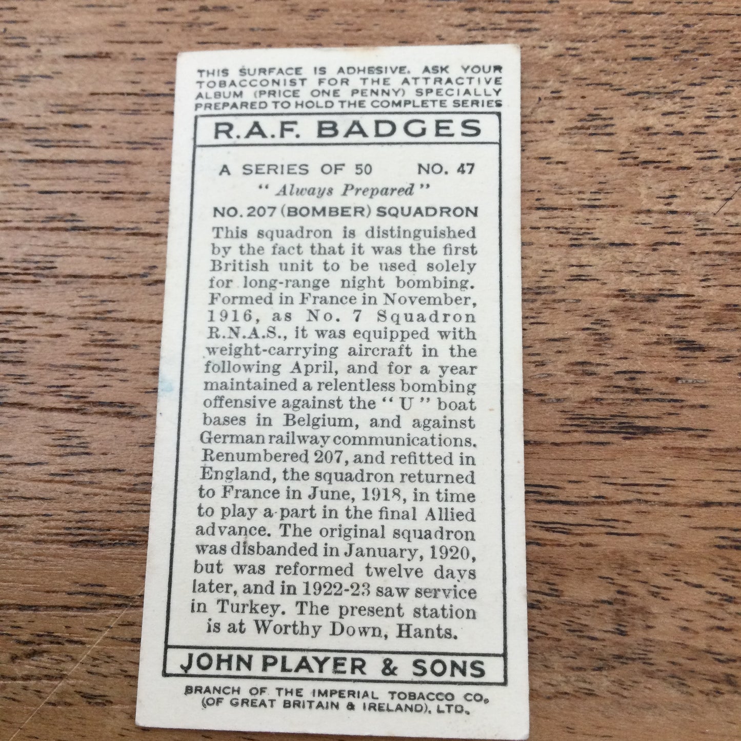 Player's Cigarette Cards 'RAF Badges' 1937. Sold individually - take your pick