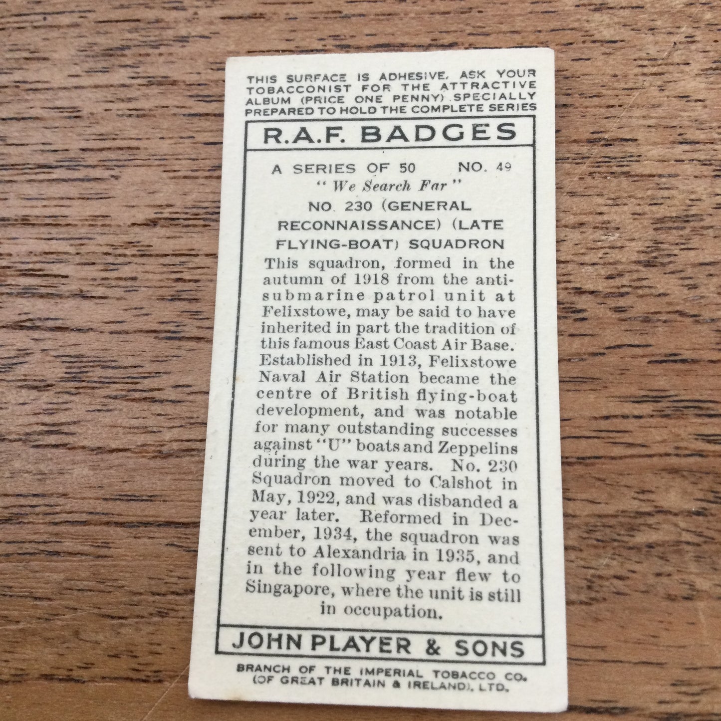 Player's Cigarette Cards 'RAF Badges' 1937. Sold individually - take your pick