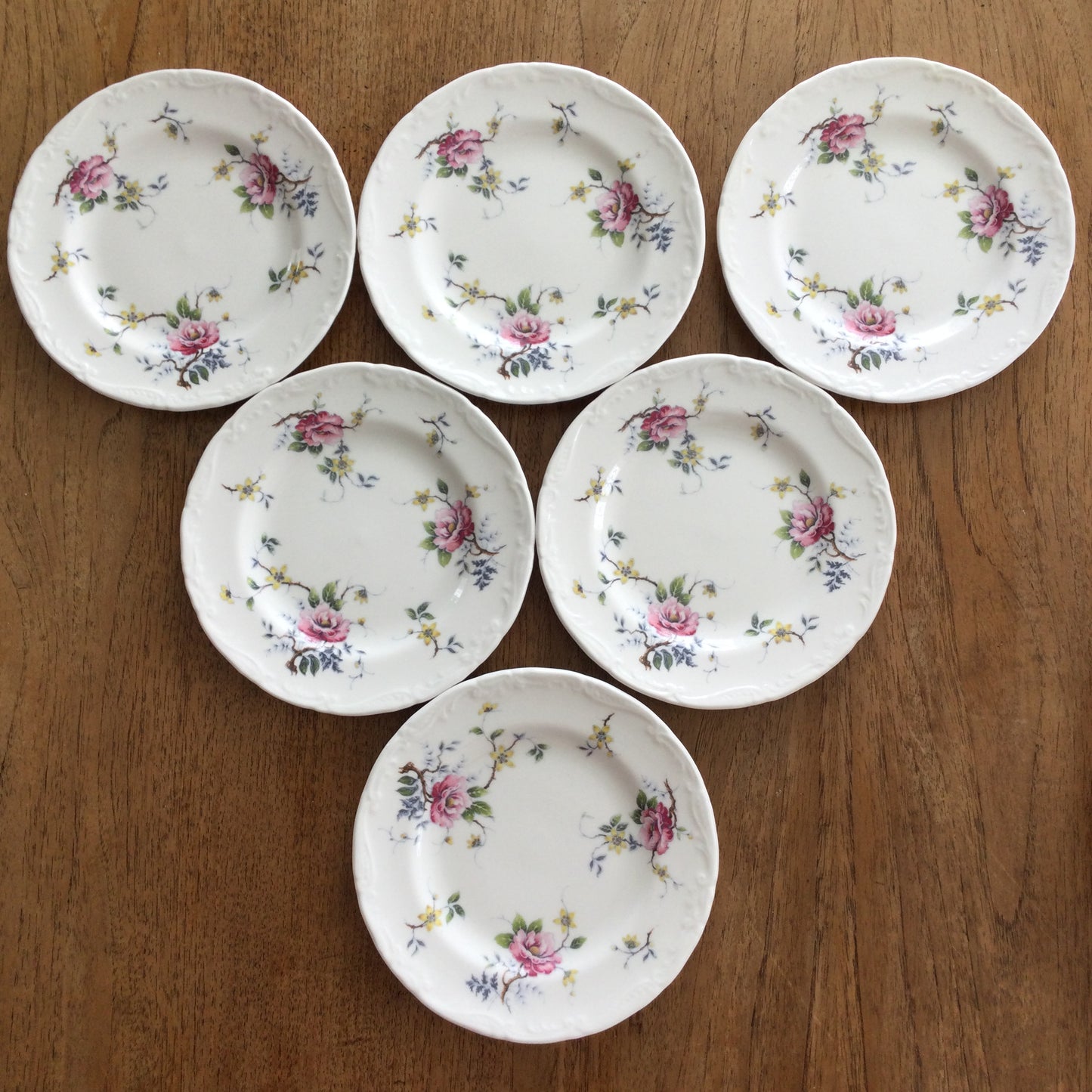 Wedgwood Mayfair Debutante Set Of 6 7" side plates. Fancy edge, pretty floral design. Pink yellow green.