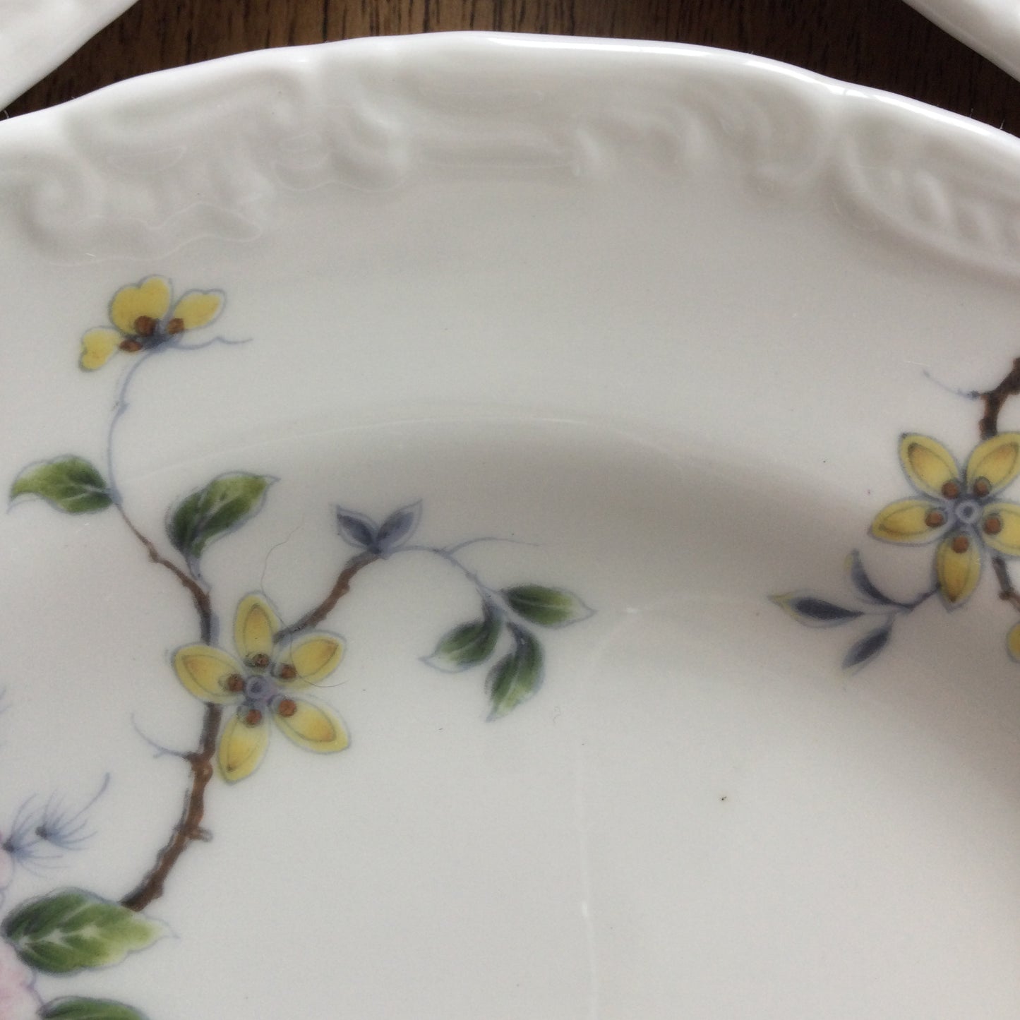 Wedgwood Mayfair Debutante Set Of 6 7" side plates. Fancy edge, pretty floral design. Pink yellow green.