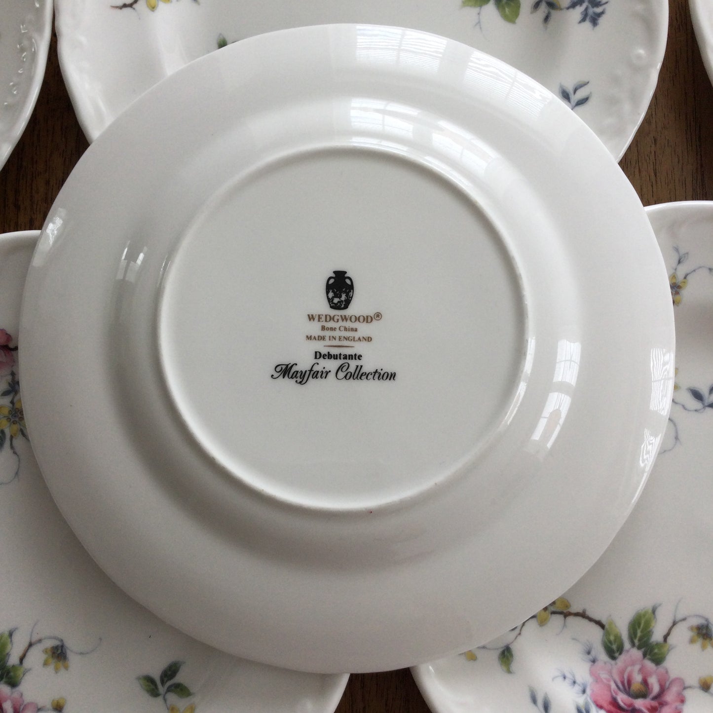 Wedgwood Mayfair Debutante Set Of 6 7" side plates. Fancy edge, pretty floral design. Pink yellow green.