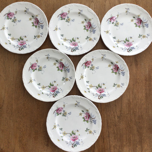 Wedgwood Mayfair Debutante Set Of 6 9" luncheon / dessert / small dinner plates. Fancy edge, pretty floral design. Pink yellow green.