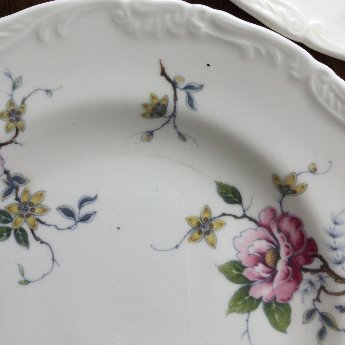 Wedgwood Mayfair Debutante Set Of 6 9" luncheon / dessert / small dinner plates. Fancy edge, pretty floral design. Pink yellow green.