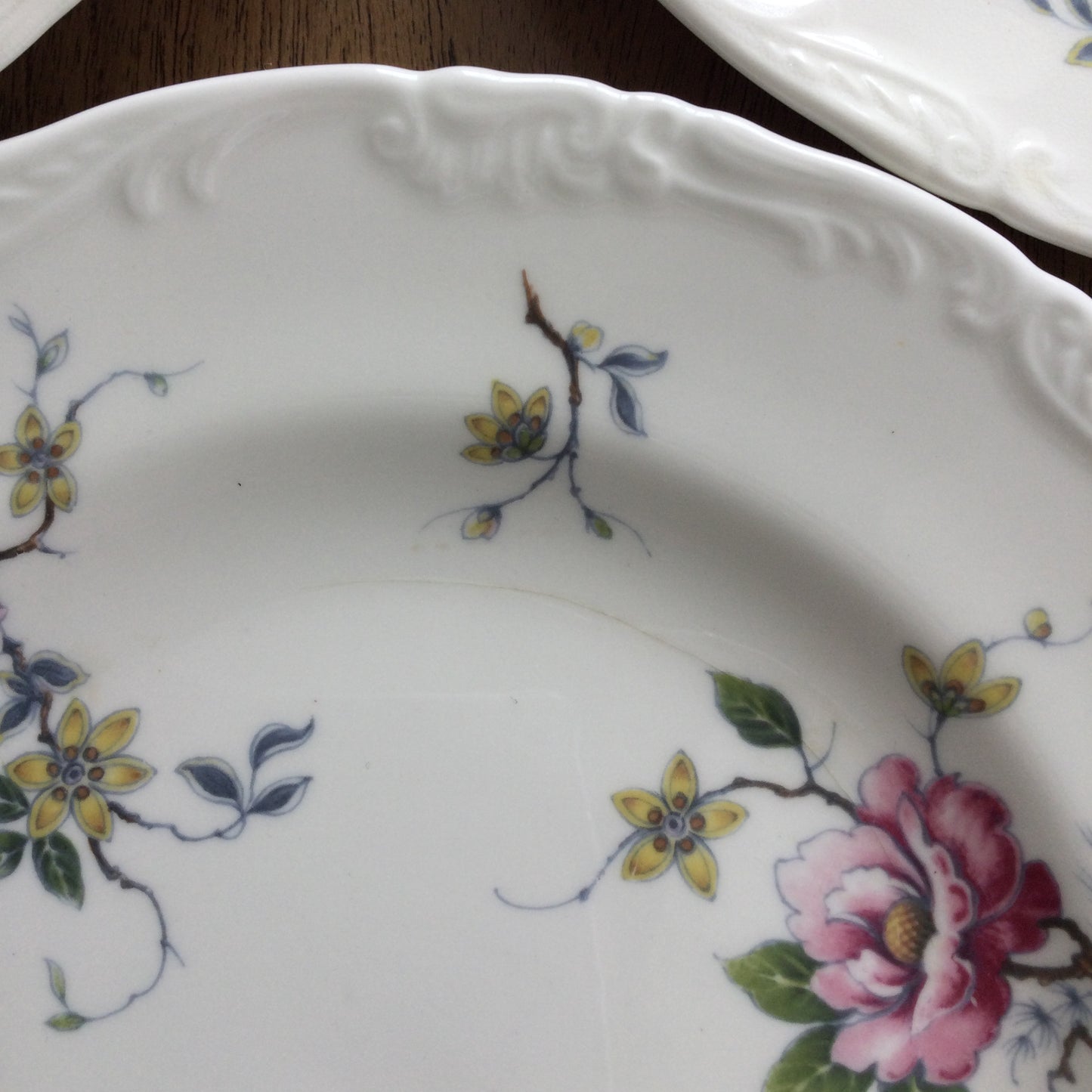 Wedgwood Mayfair Debutante Set Of 6 9" luncheon / dessert / small dinner plates. Fancy edge, pretty floral design. Pink yellow green.