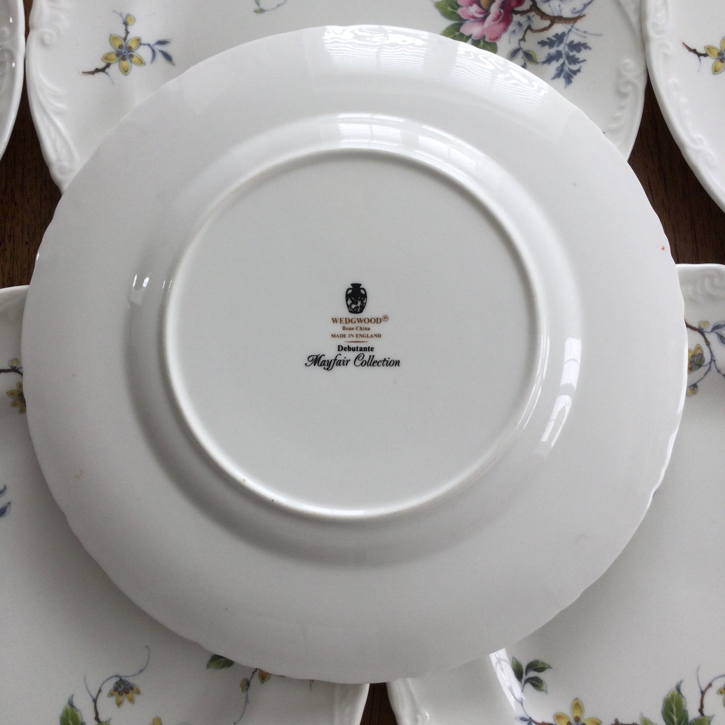 Wedgwood Mayfair Debutante Set Of 6 9" luncheon / dessert / small dinner plates. Fancy edge, pretty floral design. Pink yellow green.