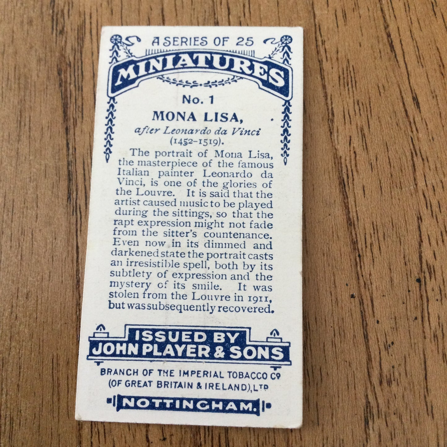 John Players Cigarette Cards 'MINIATURES'. Sold individually so take your pick. From famous portraits.