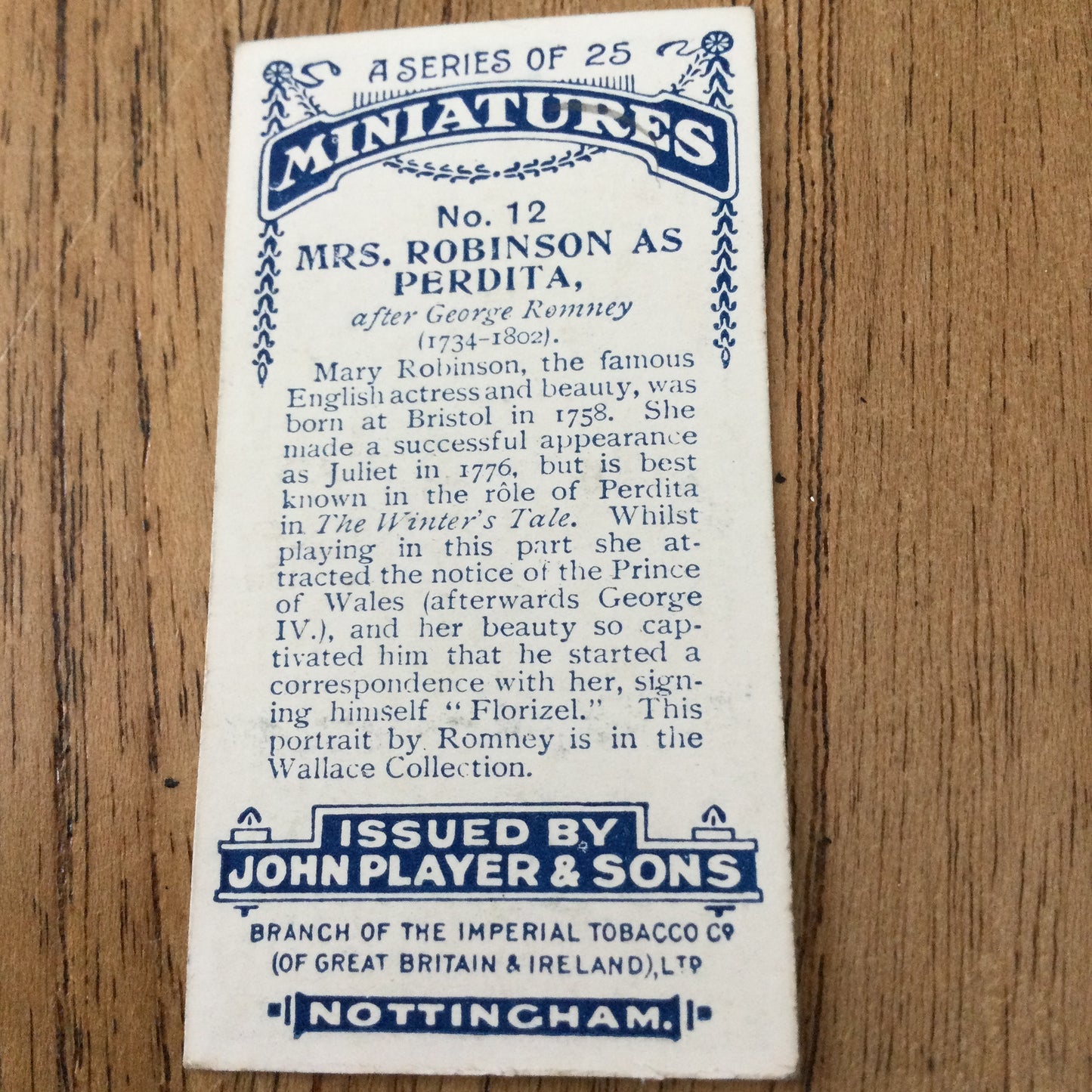 John Players Cigarette Cards 'MINIATURES'. Sold individually so take your pick. From famous portraits.