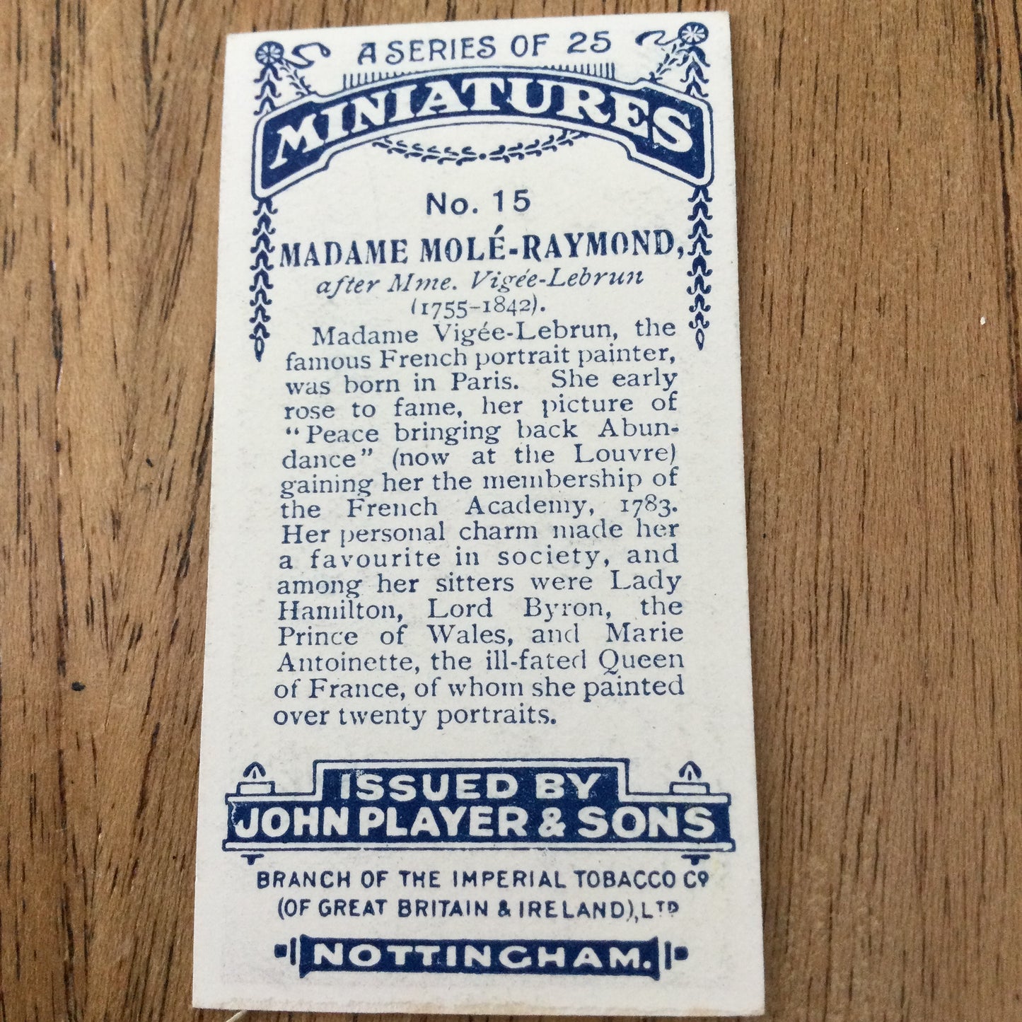 John Players Cigarette Cards 'MINIATURES'. Sold individually so take your pick. From famous portraits.