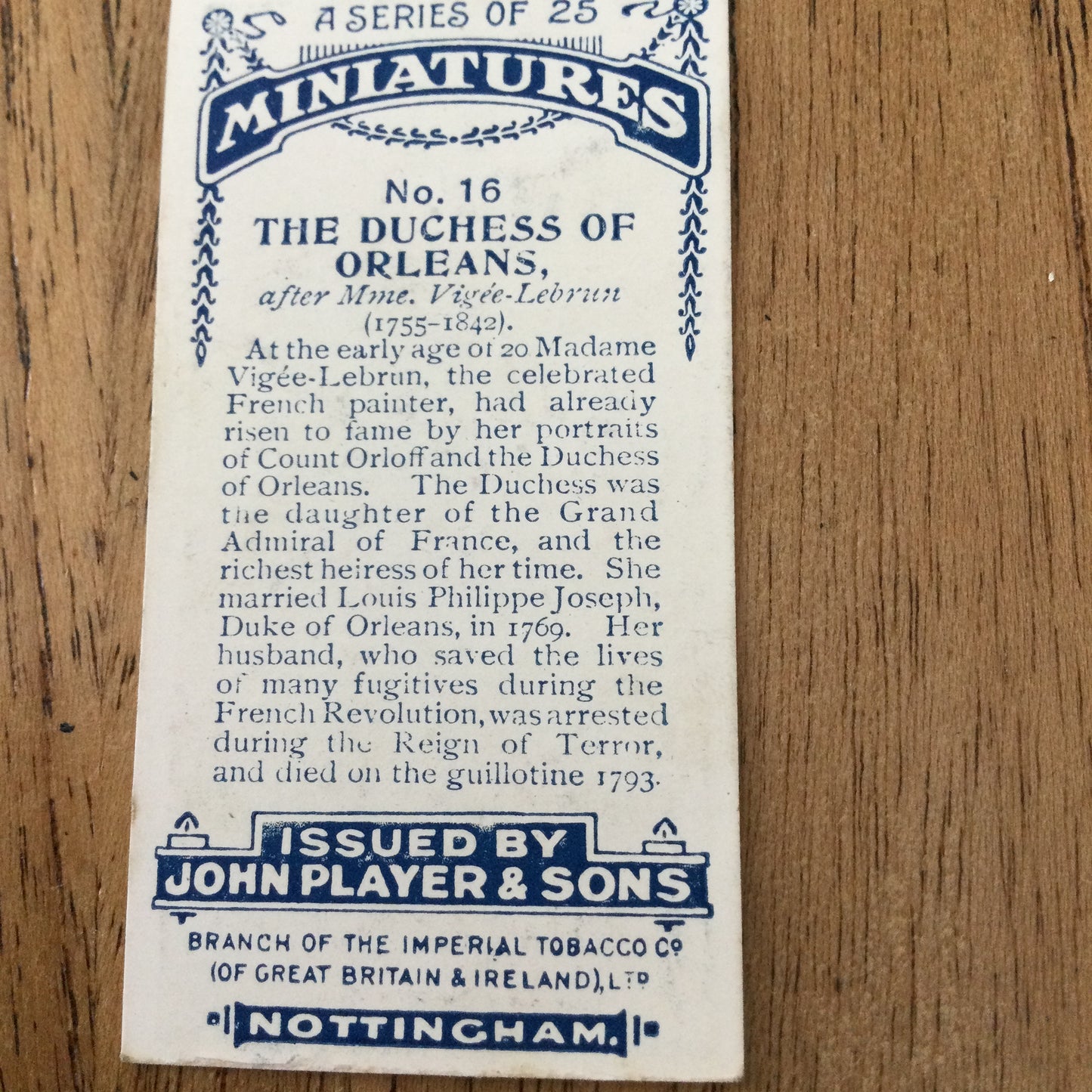 John Players Cigarette Cards 'MINIATURES'. Sold individually so take your pick. From famous portraits.