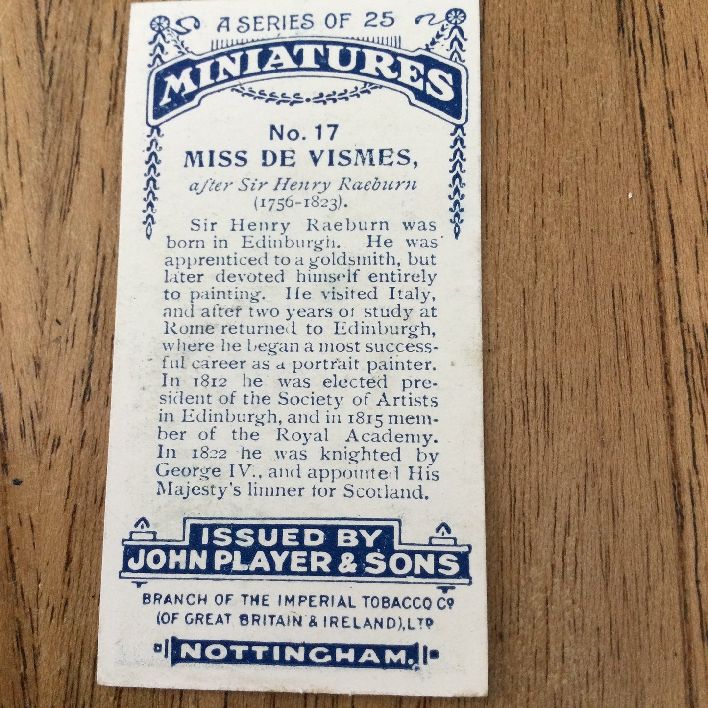 John Players Cigarette Cards 'MINIATURES'. Sold individually so take your pick. From famous portraits.