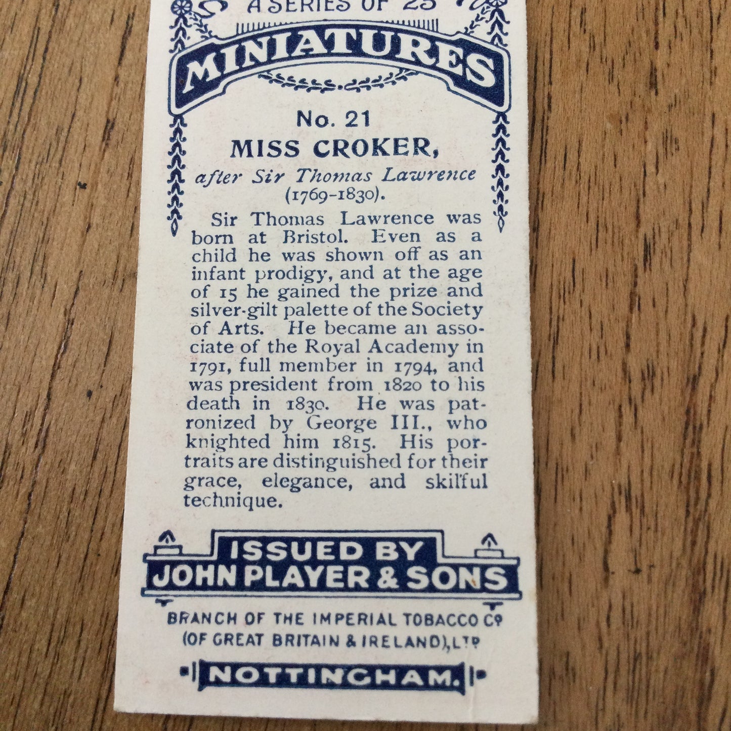 John Players Cigarette Cards 'MINIATURES'. Sold individually so take your pick. From famous portraits.