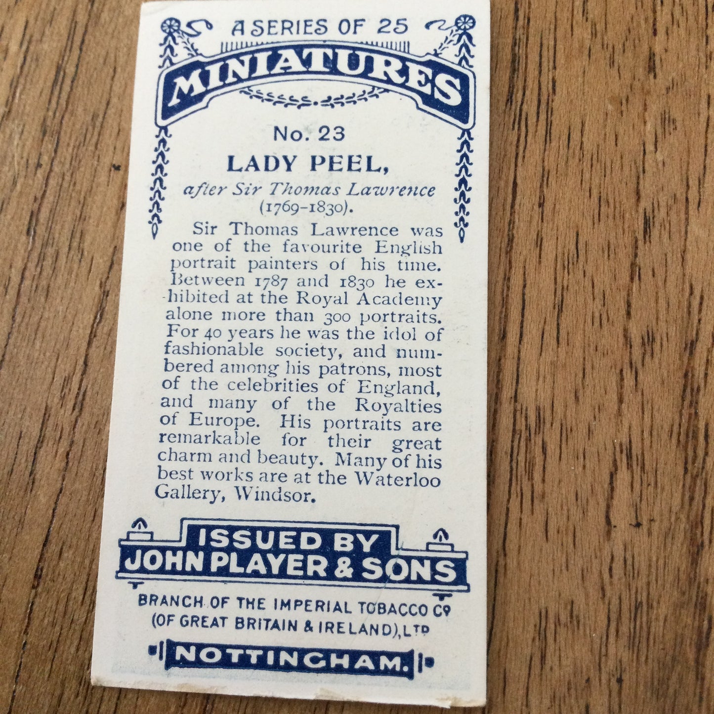 John Players Cigarette Cards 'MINIATURES'. Sold individually so take your pick. From famous portraits.