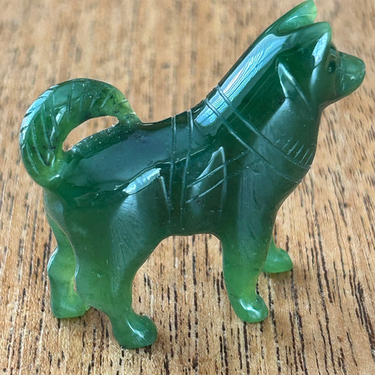 Nephrite Jade Canadian Husky Dog Miniature Ornament – Hand-Carved Green Jade Dog