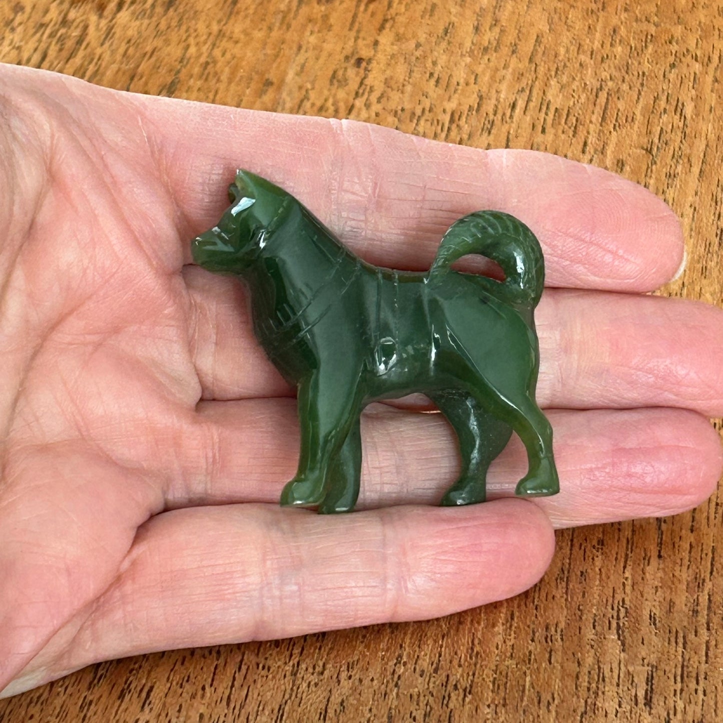 Nephrite Jade Canadian Husky Dog Miniature Ornament – Hand-Carved Green Jade Dog