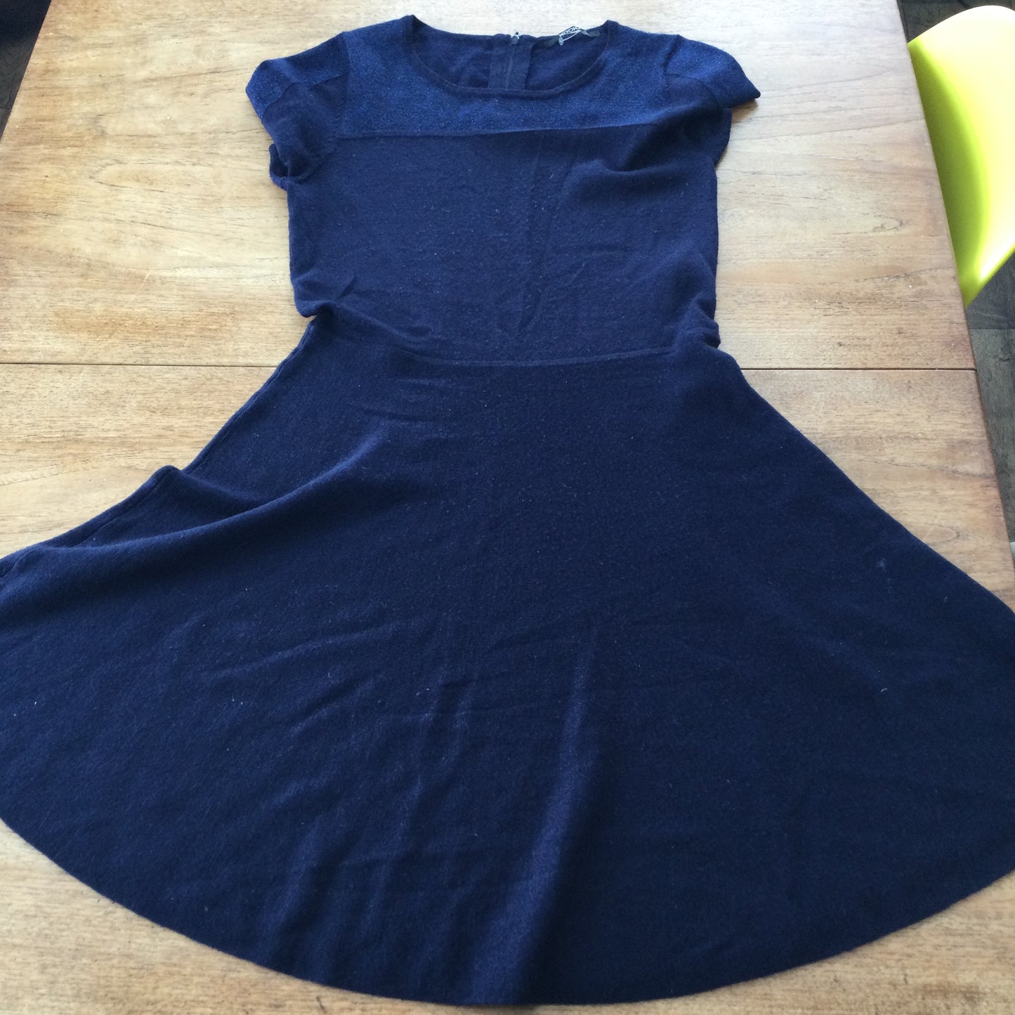 Navy blue fine knit dress with metallic thread. Skater shape. Kookai size 1 approx size 8.