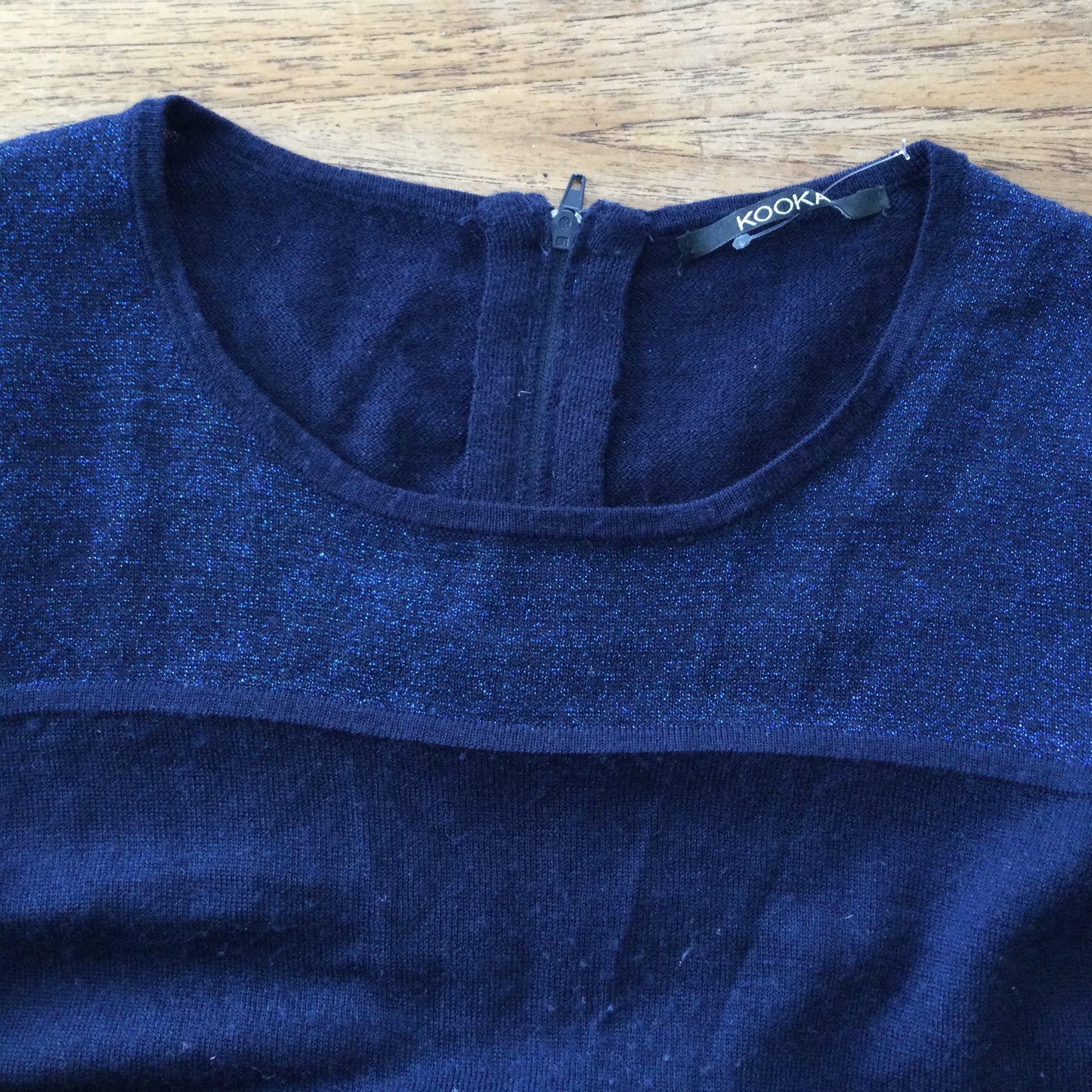 Navy blue fine knit dress with metallic thread. Skater shape. Kookai size 1 approx size 8.
