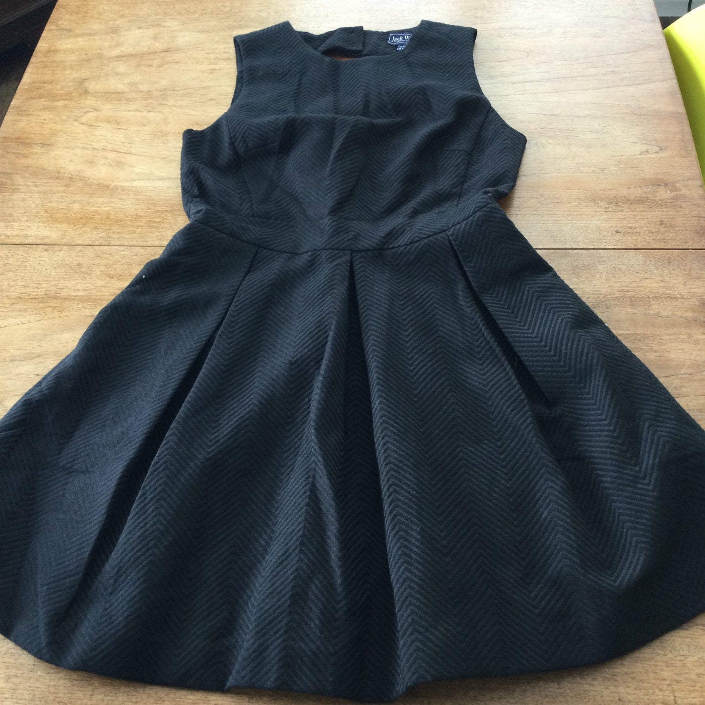 Black skater dress, cut out back, Jack Wills size 10. Herringbone pattern, thick structured fabric.