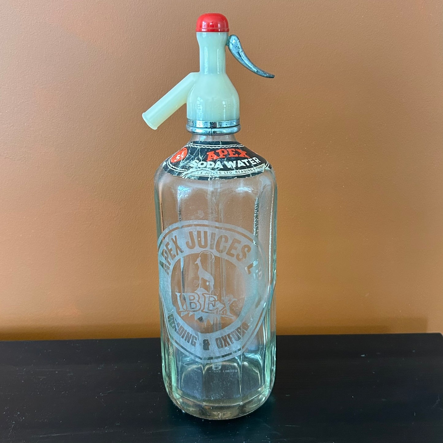 Vintage Retro Etched Glass Ibex Soda Syphon - Apex Juices - Reading & Oxford - Mid Century 40s-60s