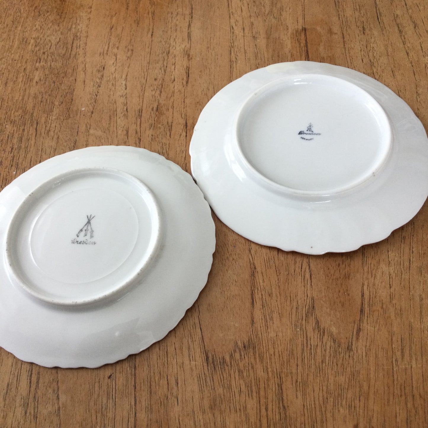 Pair of pretty hand-painted Dresden plates. Fancy gilt edges, with floral centre. Brightly coloured.