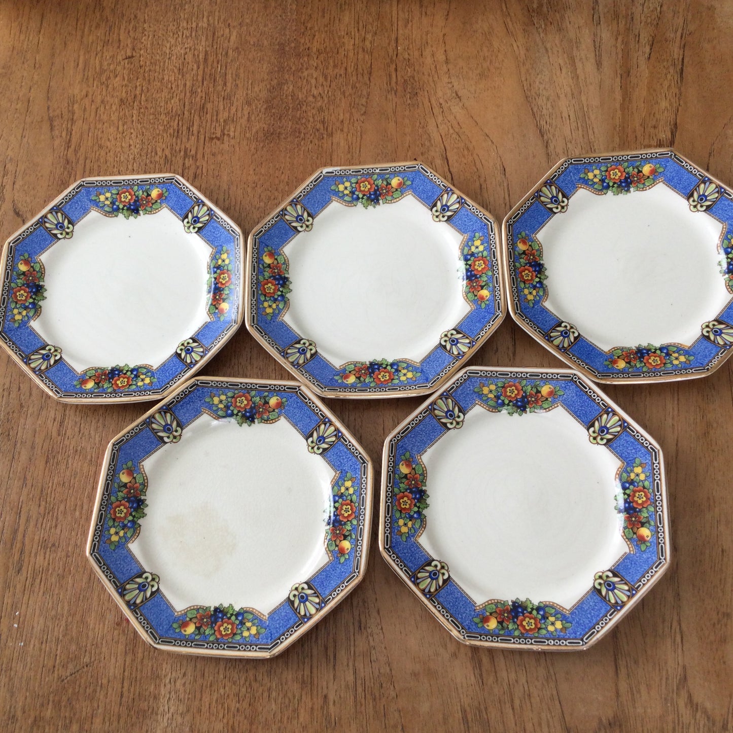 Set of 5 Antique Royal Pottery Cobridge Octagonal 6" Side Plates – Blue & Black with Fruit and Flowers