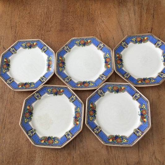Set of 5 Antique Royal Pottery Cobridge Octagonal 6" Side Plates – Blue & Black with Fruit and Flowers