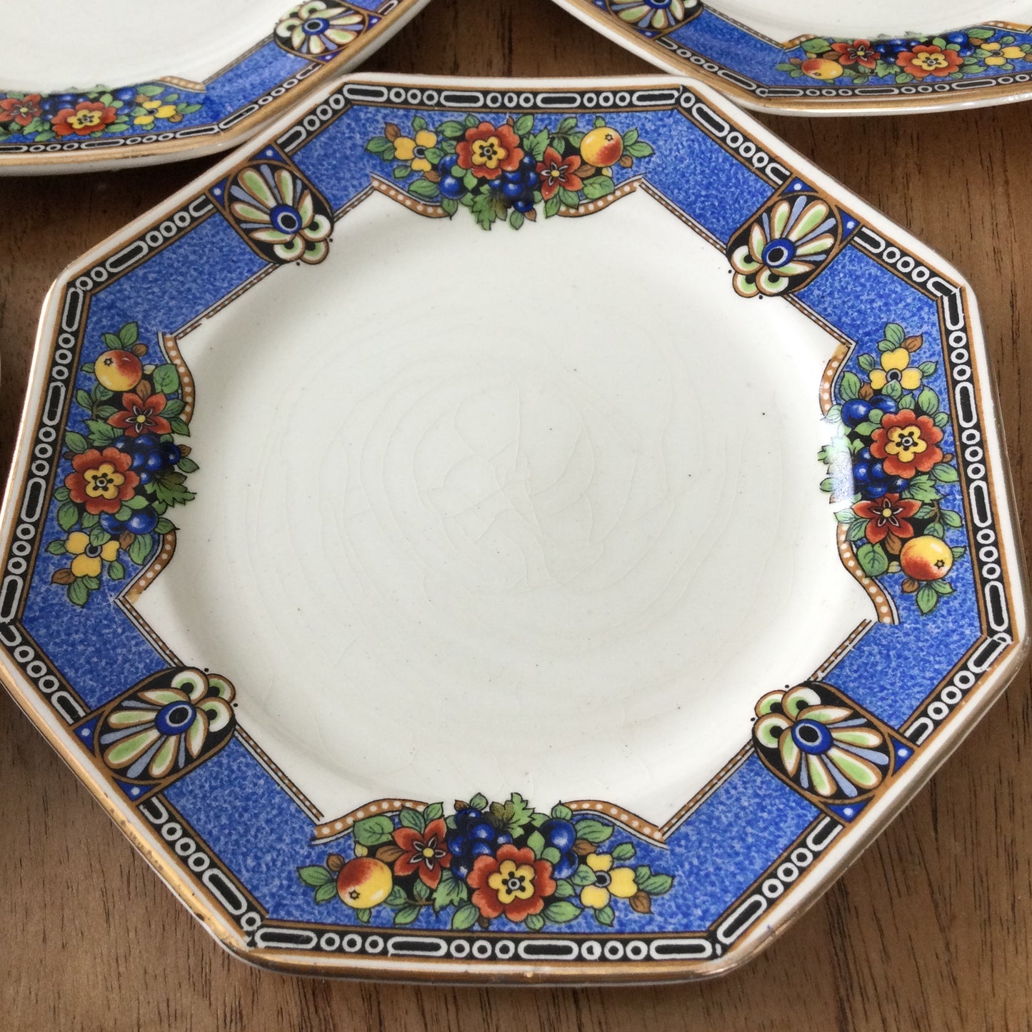 Set of 5 Antique Royal Pottery Cobridge Octagonal 6" Side Plates – Blue & Black with Fruit and Flowers