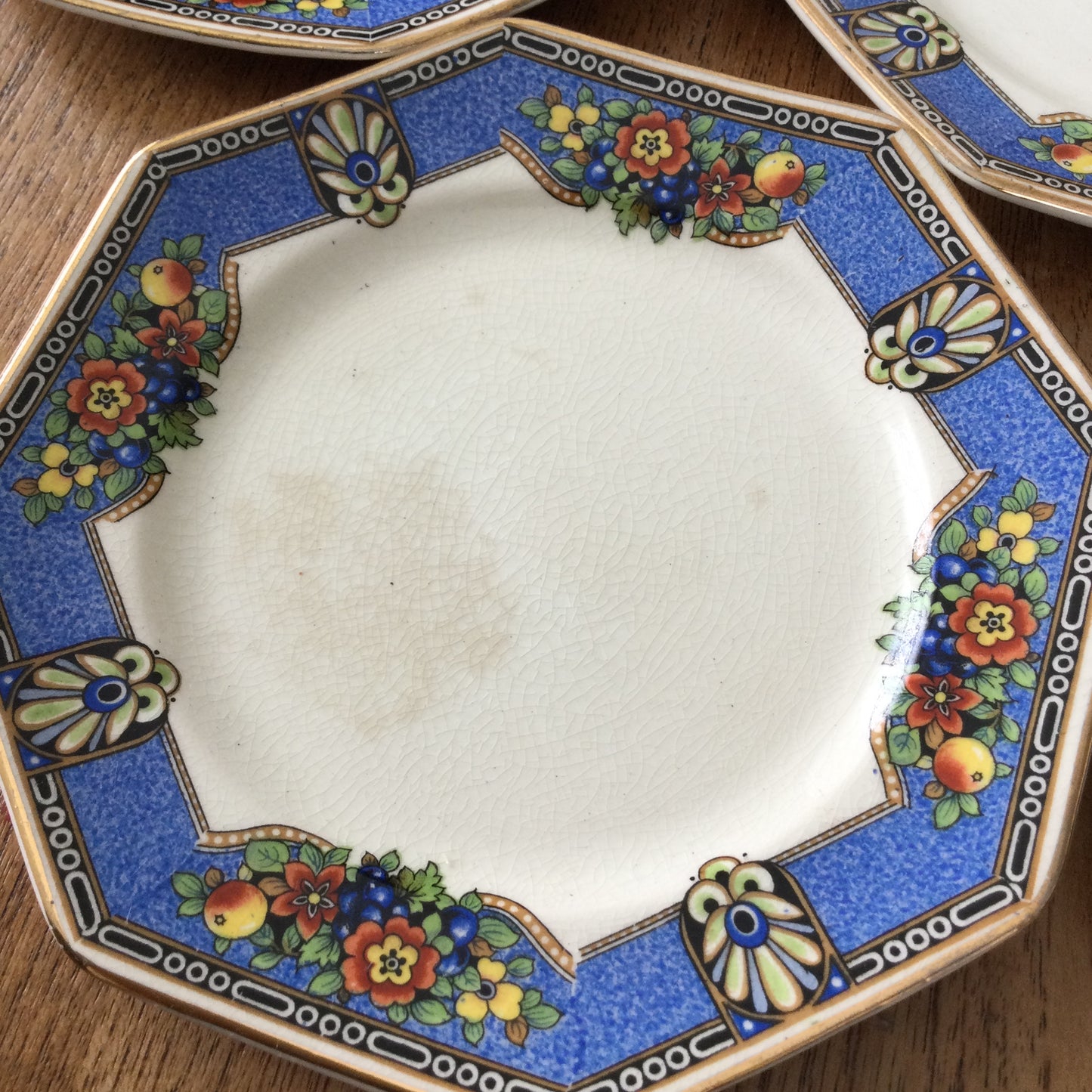 Set of 5 Antique Royal Pottery Cobridge Octagonal 6" Side Plates – Blue & Black with Fruit and Flowers