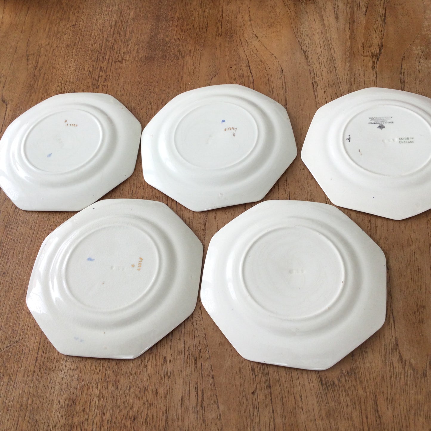 Set of 5 Antique Royal Pottery Cobridge Octagonal 6" Side Plates – Blue & Black with Fruit and Flowers