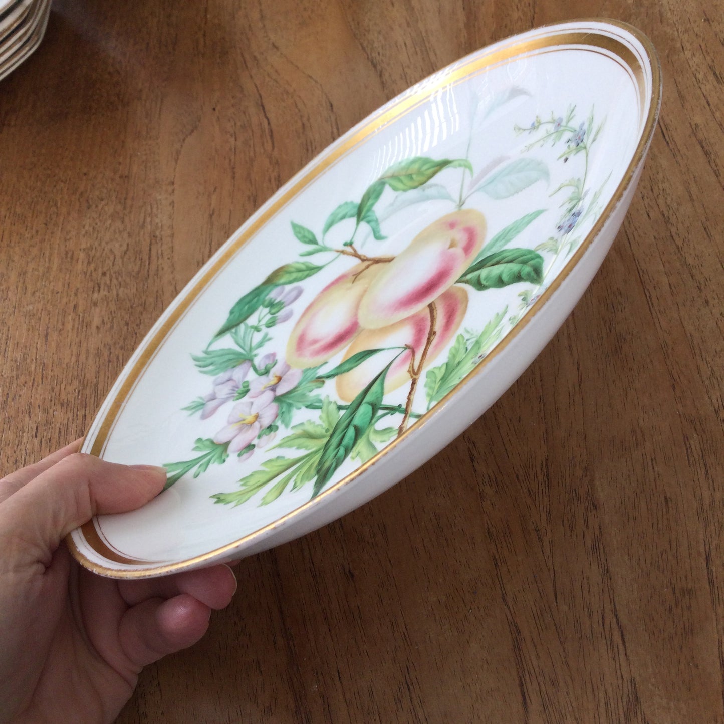 Dresden Shallow Bowl – Hand Painted Peach Fruit and Blossom Design – Gold Rim – Decorative Piece