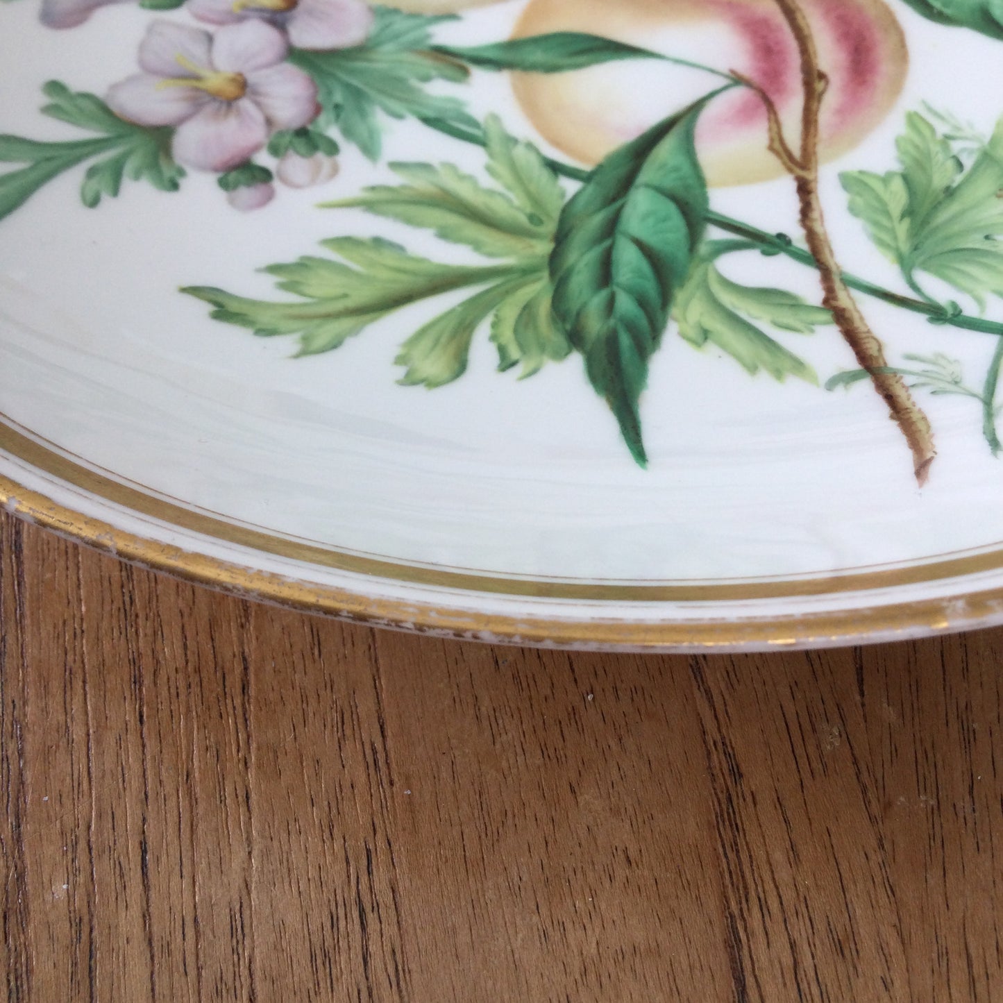 Dresden Shallow Bowl – Hand Painted Peach Fruit and Blossom Design – Gold Rim – Decorative Piece