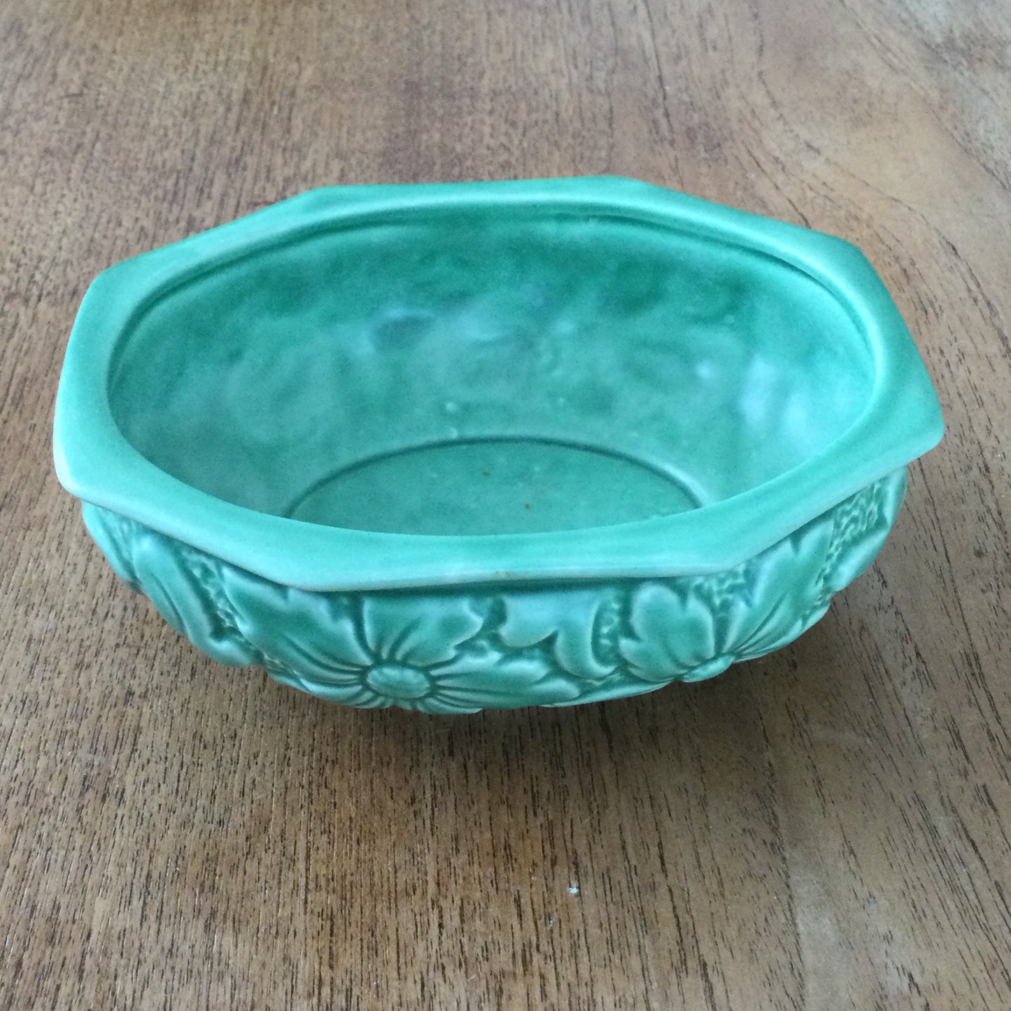 Vintage SylvaC green planter / bowl. Mould 1791. Embossed flower design. Soft matt glaze. Shallow bowl.