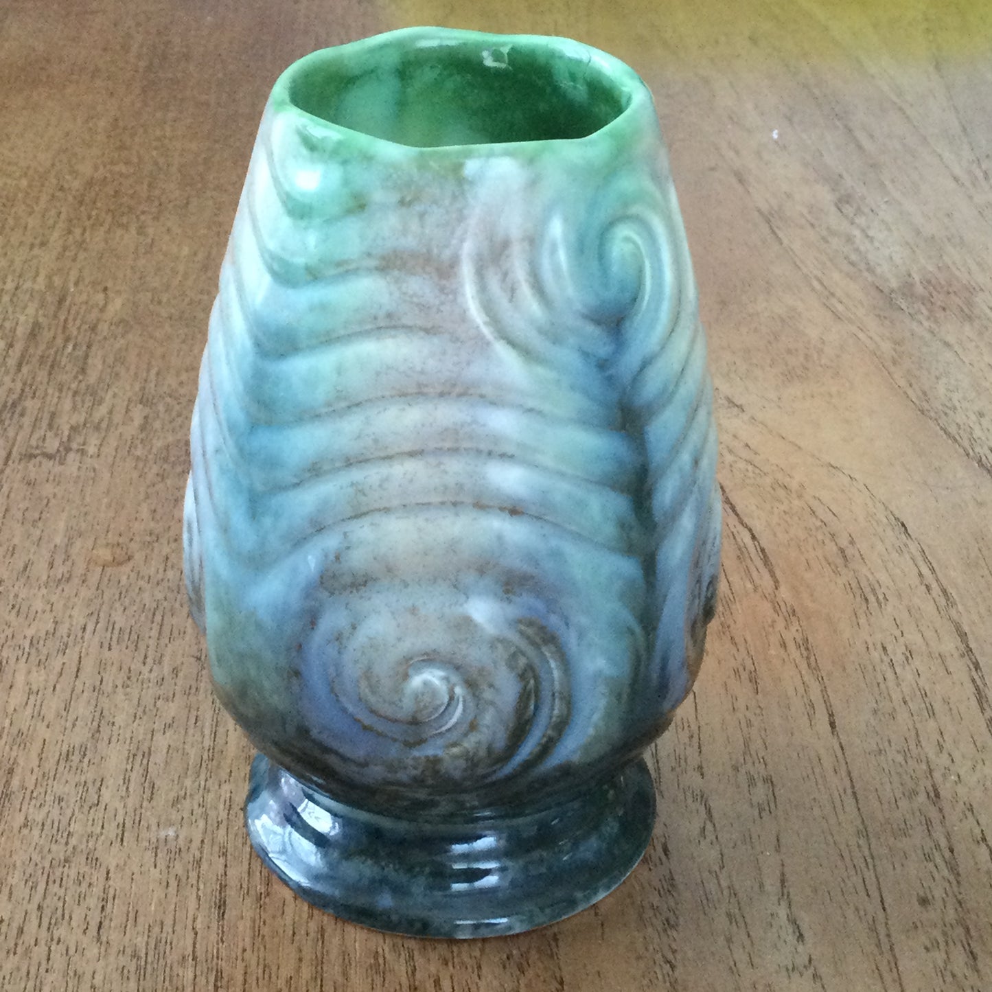 Vintage SylvaC Small Green, Blue and Brown Tulip Shape Vase. Mould no. 675. 13 cm tall. Swirl design.
